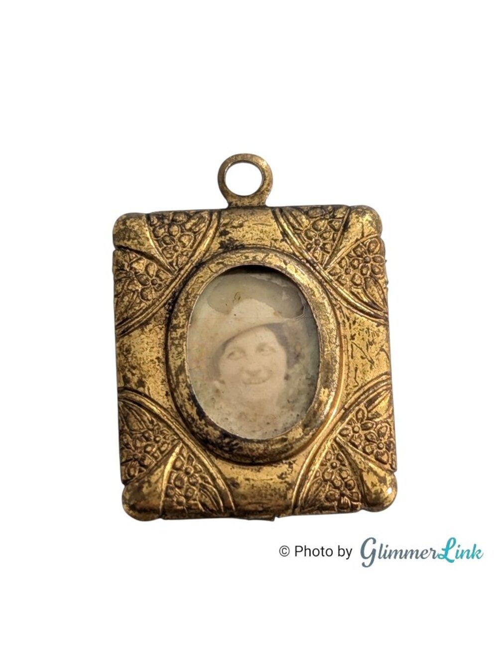 Antique Early 1900s Gold Tone Floral Photo Portrait Pendant